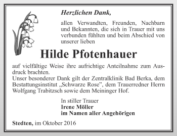 Traueranzeige von Hilde Pfotenhauer von Thüringer Allgemeine, Thüringische Landeszeitung