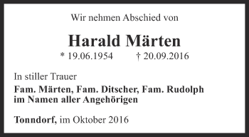 Traueranzeige von Harald Märten von Thüringer Allgemeine, Thüringische Landeszeitung