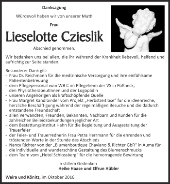 Traueranzeige von Lieselotte Czieslik von Ostthüringer Zeitung