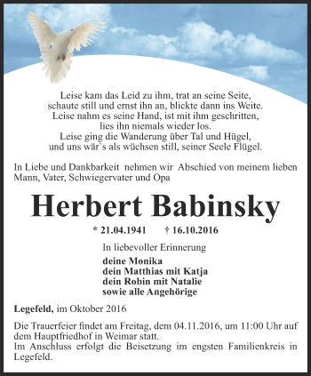 Traueranzeige von Herbert Babinsky von Thüringer Allgemeine, Thüringische Landeszeitung