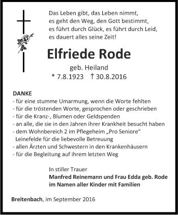 Traueranzeige von Elfriede Rode von Thüringer Allgemeine