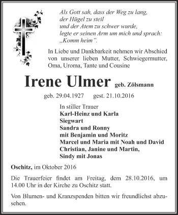 Traueranzeige von Irene Ulmer von Ostthüringer Zeitung