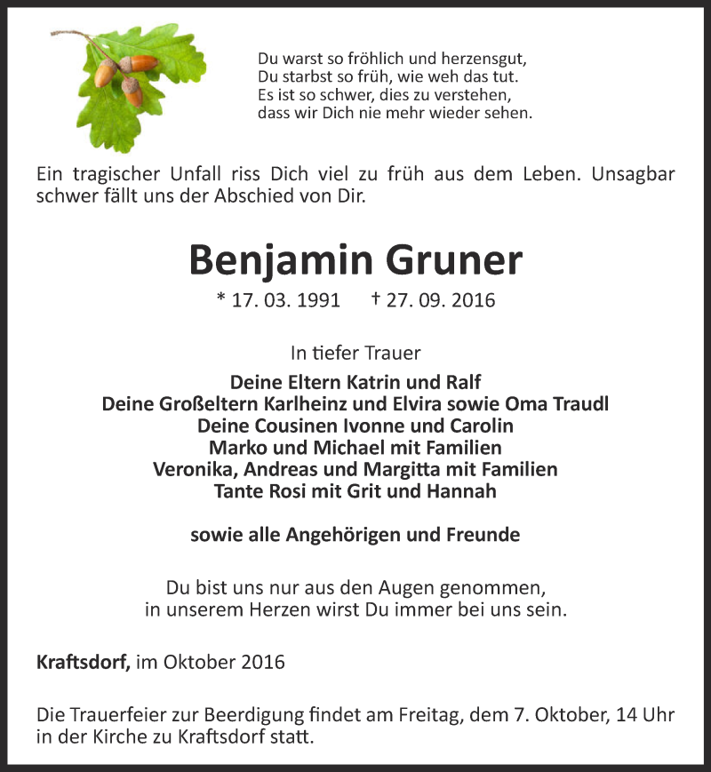  Traueranzeige für Benjamin Gruner vom 04.10.2016 aus Ostthüringer Zeitung