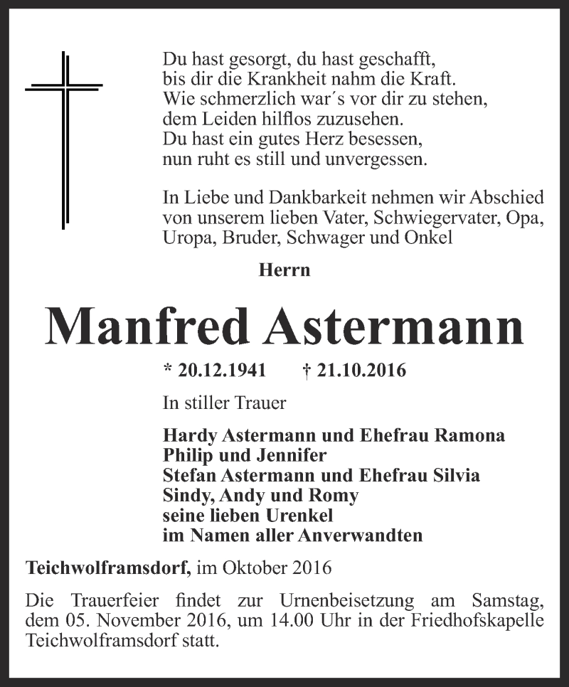  Traueranzeige für Manfred Astermann vom 29.10.2016 aus Ostthüringer Zeitung