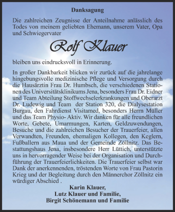 Traueranzeige von Rolf Klauer von Ostthüringer Zeitung, Thüringische Landeszeitung