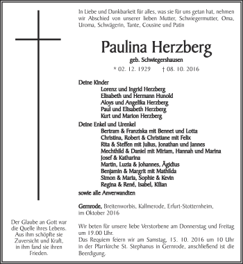 Traueranzeige von Paulina Herzberg von Thüringer Allgemeine