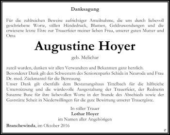 Traueranzeige von Augustine Hoyer von Thüringer Allgemeine