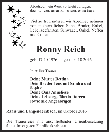 Traueranzeige von Ronny Reich von Ostthüringer Zeitung