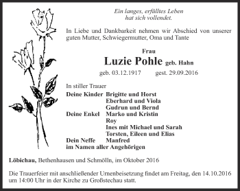 Traueranzeige von Luzie Pohle von Ostthüringer Zeitung