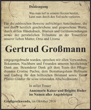 Traueranzeige von Gertrud Großmann von Ostthüringer Zeitung