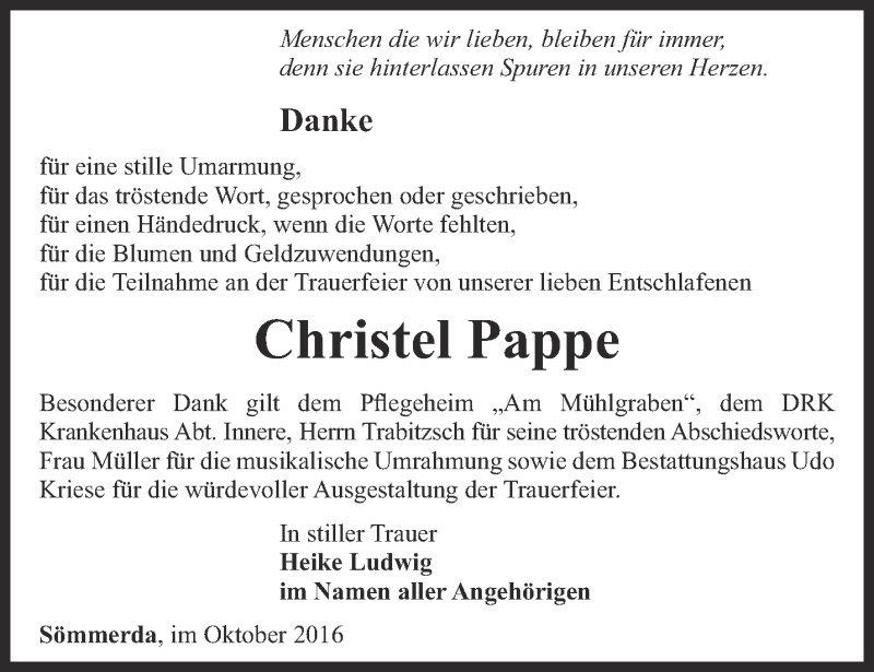  Traueranzeige für Christel Pappe vom 08.10.2016 aus Thüringer Allgemeine