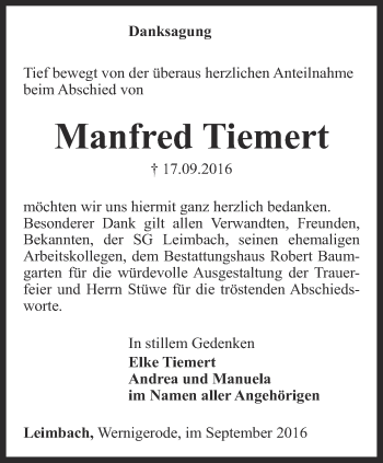 Traueranzeige von Manfred Tiemert von Thüringer Allgemeine