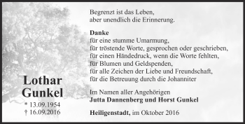Traueranzeige von Lothar Gunkel von Thüringer Allgemeine