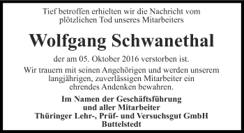 Traueranzeige von Wolfgang Schwanethal von Thüringer Allgemeine, Thüringische Landeszeitung