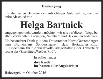 Traueranzeige von Helga Bartnick von Thüringer Allgemeine