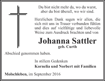 Traueranzeige von Johanna Sattler von Ostthüringer Zeitung, Thüringische Landeszeitung