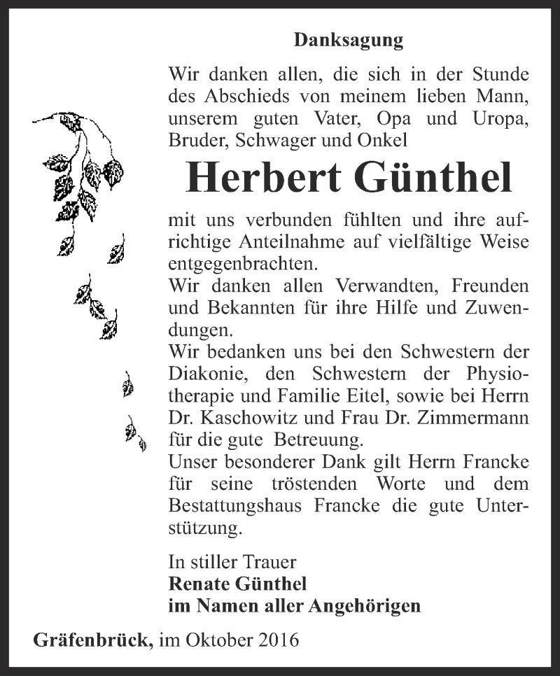  Traueranzeige für Herbert Günthel vom 29.10.2016 aus Ostthüringer Zeitung