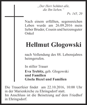 Traueranzeige von Hellmut Glogowski von Thüringer Allgemeine, Thüringische Landeszeitung