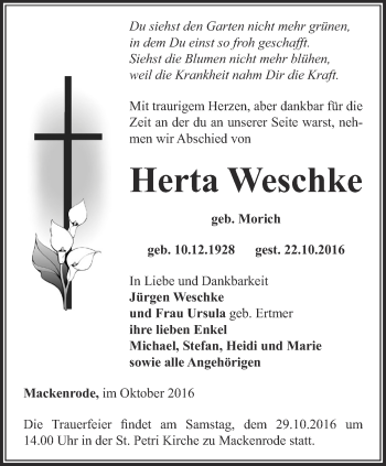 Traueranzeige von Herta Weschke von Thüringer Allgemeine
