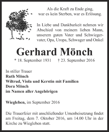 Traueranzeige von Gerhard Mönch von Thüringer Allgemeine, Thüringische Landeszeitung