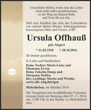 Traueranzeige von Ursula Offhauß von Ostthüringer Zeitung, Thüringische Landeszeitung