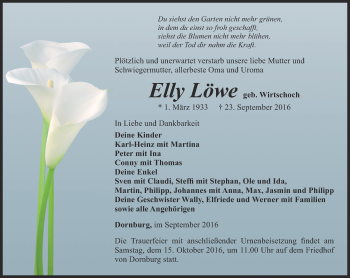 Traueranzeige von Elly Löwe von Ostthüringer Zeitung, Thüringische Landeszeitung