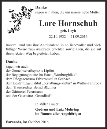 Traueranzeige von Lore Hornschuh  von Thüringer Allgemeine, Thüringische Landeszeitung