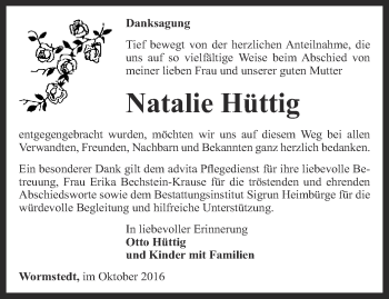 Traueranzeige von Natalie Hüttig von Thüringer Allgemeine, Thüringische Landeszeitung
