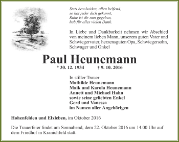 Traueranzeige von Paul Heunemann von Thüringer Allgemeine, Thüringische Landeszeitung