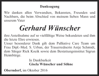 Traueranzeige von Gerhard Wünscher von Thüringer Allgemeine, Thüringische Landeszeitung