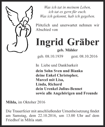 Traueranzeige von Ingrid Gräber von Thüringer Allgemeine, Thüringische Landeszeitung