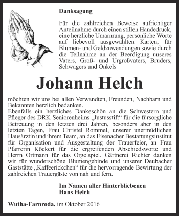 Traueranzeige von Johann Helch von Thüringer Allgemeine, Thüringische Landeszeitung