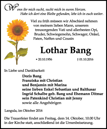 Traueranzeige von Lothar Bang von Thüringer Allgemeine, Thüringische Landeszeitung