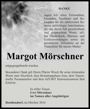 Traueranzeige von Margot Mörschner von Ostthüringer Zeitung