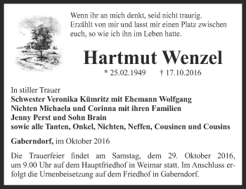 Traueranzeige von Hartmut Wenzel von Thüringer Allgemeine, Thüringische Landeszeitung