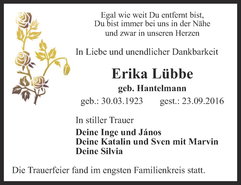  Traueranzeige für Erika Lübbe vom 22.10.2016 aus Thüringer Allgemeine, Thüringische Landeszeitung