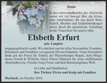 Traueranzeige von Elsbeth Erfurt von Thüringer Allgemeine, Thüringische Landeszeitung