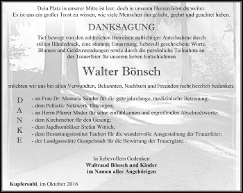 Traueranzeige von Walter Bönsch von Thüringer Allgemeine, Thüringische Landeszeitung