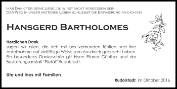 Traueranzeige von Hansgerd Bartholomes von Ostthüringer Zeitung
