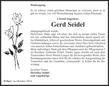 Traueranzeige von Gerd Seidel von Thüringer Allgemeine, Thüringische Landeszeitung