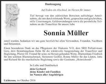 Traueranzeige von Sonnia Müller von Ostthüringer Zeitung