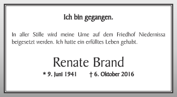 Traueranzeige von Renate Brand von Thüringer Allgemeine, Thüringische Landeszeitung