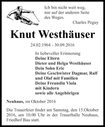 Traueranzeige von Knut Westhäuser von Ostthüringer Zeitung