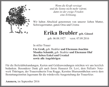 Traueranzeige von Erika Beubler von Thüringer Allgemeine, Thüringische Landeszeitung