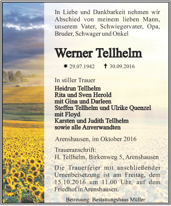 Traueranzeige von Werner Tellhelm von Thüringer Allgemeine