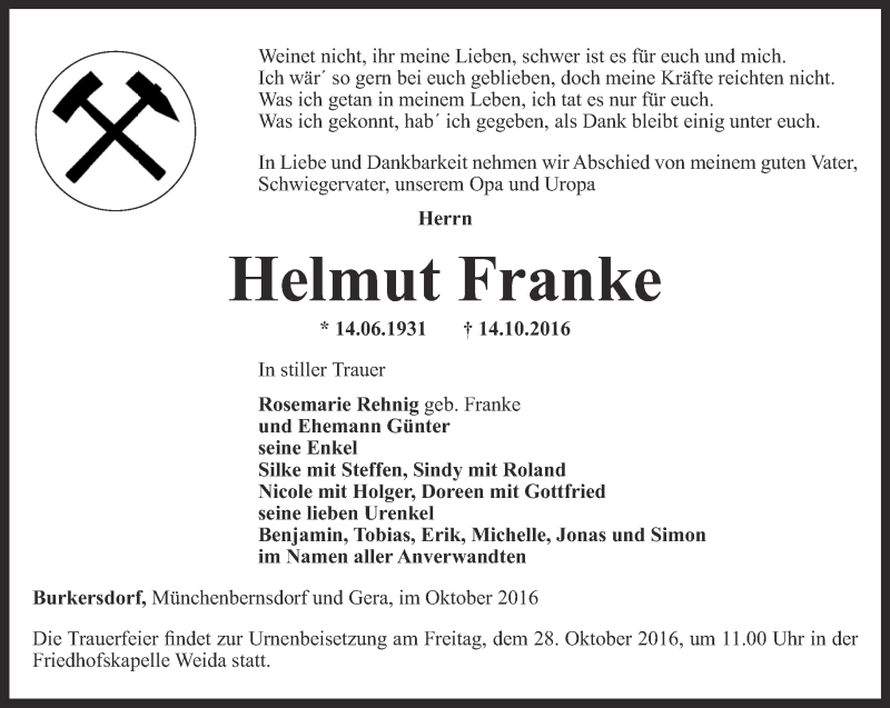  Traueranzeige für Helmut Franke vom 18.10.2016 aus Ostthüringer Zeitung