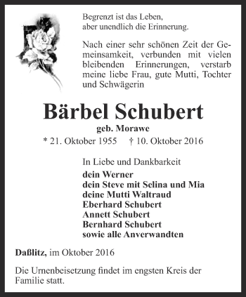 Traueranzeige von Bärbel Schubert von Ostthüringer Zeitung