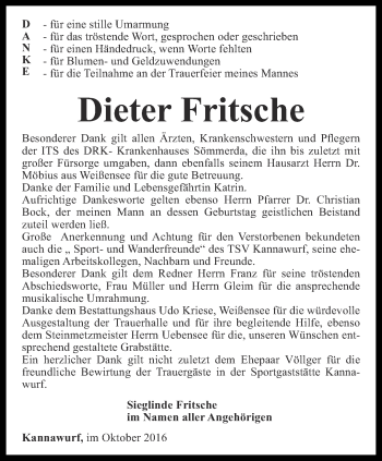 Traueranzeige von Dieter Fritsche von Thüringer Allgemeine