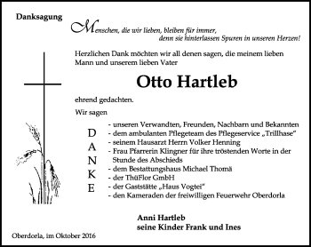 Traueranzeige von Otto Hartleb von Thüringer Allgemeine, Thüringische Landeszeitung