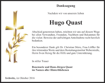 Traueranzeige von Hugo Quast von Ostthüringer Zeitung